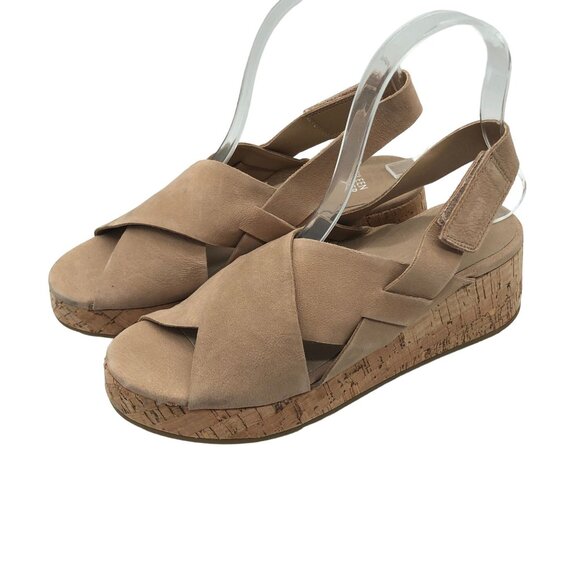 Eileen Fisher Timor Tan Nubuk Cork Wedge Sandals Open Toe Size 7.5 - Picture 4 of 7